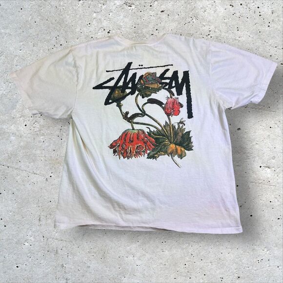 Vtg Stüssy Withered Flower Graphic T-Shirt Size Large White Pink Short Sleeve - Picture 1 of 13
